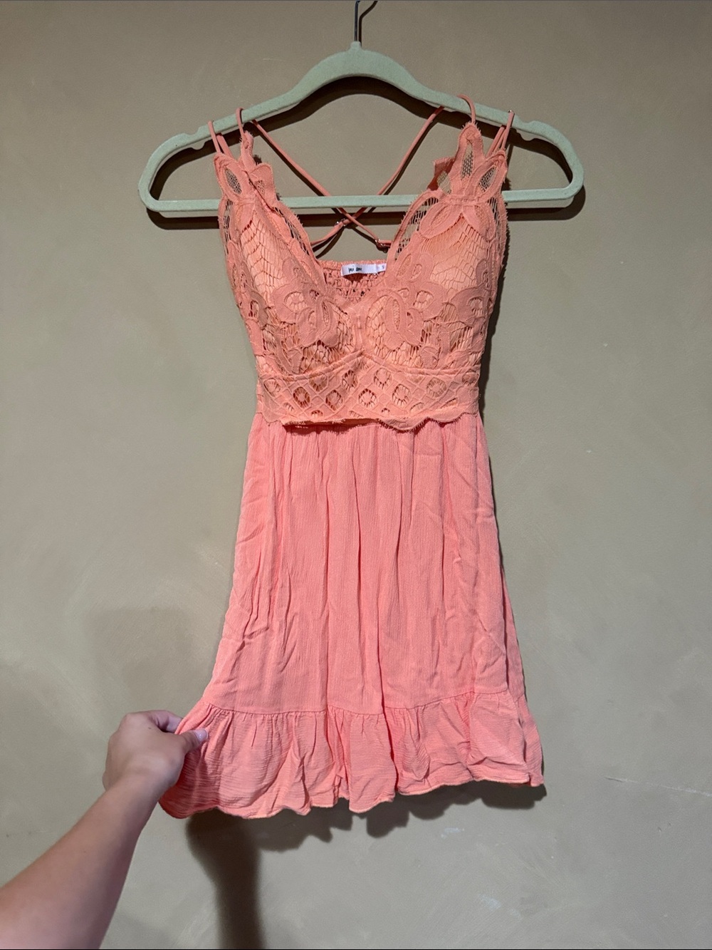 Orange Lace-Front Slip Papped Dress Crisscross Straps Size Small